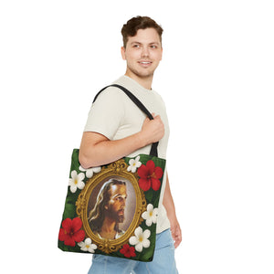 Religious Art Polyester Tote Bag, 3 Sizes / "Head of Christ" Jesus Portrait, Red Flowers