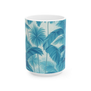 Ceramic White Mug - 11oz & 15oz, Palm Serenity, Turquoise