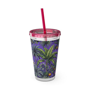 Tropical Tumbler with Straw | 16 oz: Tropical Palms & Fruit, Purple