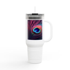 Insulated Travel Mug, 40oz / Peacock Eye Feather, Magenta - Perfect for Outdoor Adventures