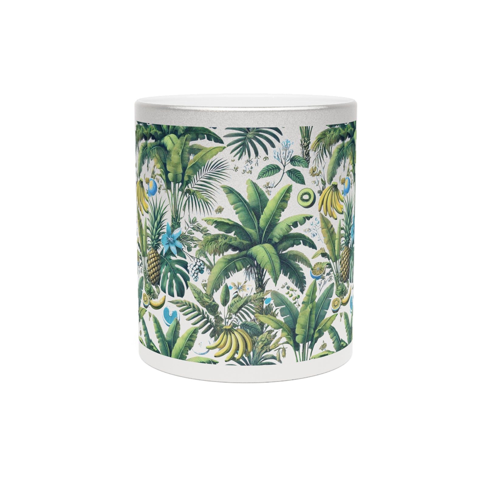 Tropical Metallic Mug, Silver - Palms & Bananas, White