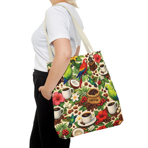 Tropical Parrots & Coffee Tote Bag, Green - 3 Sizes