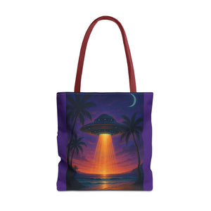 UFO at Beach Sunset Tote Bag, Purple - 3 Sizes