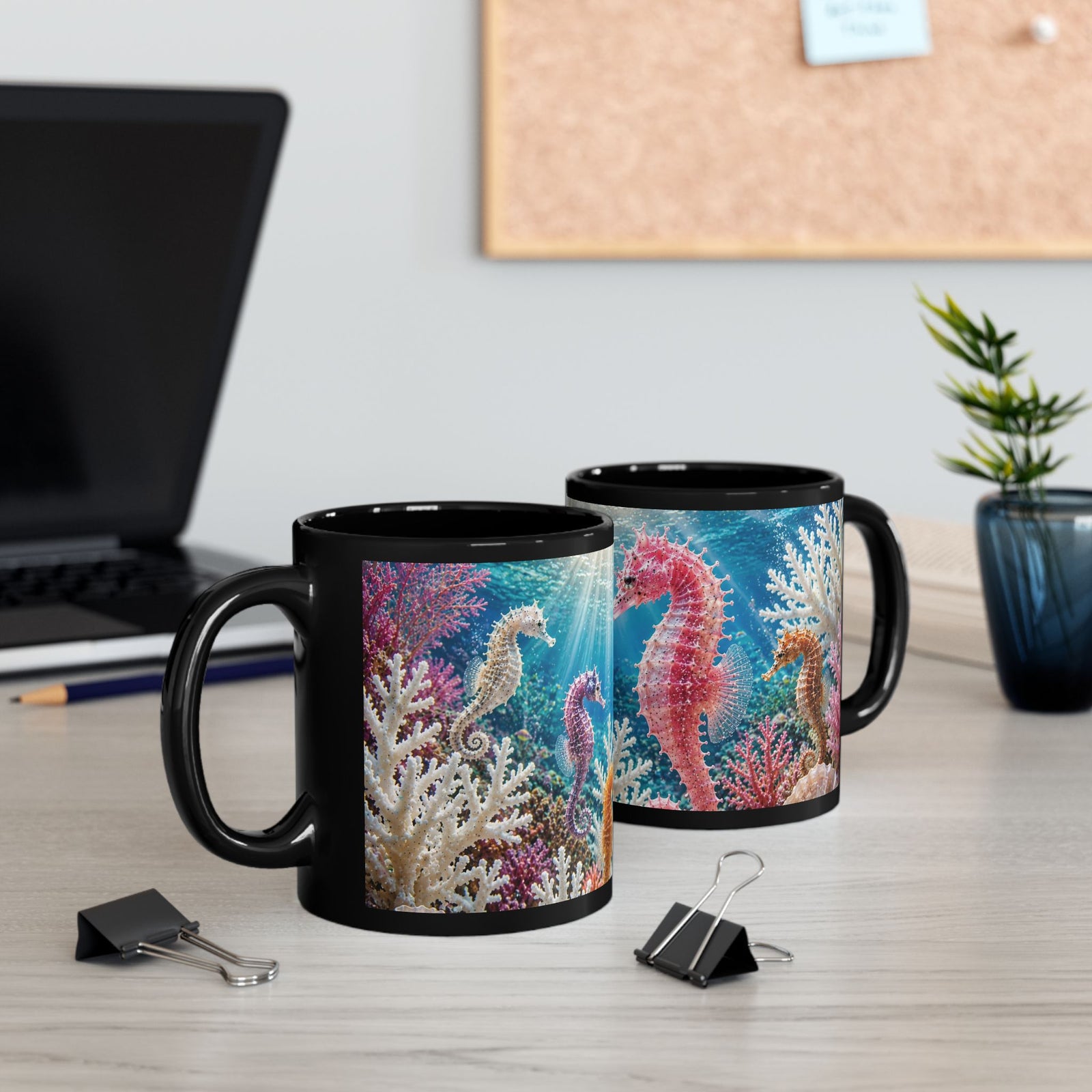 Black Mug — Colorful Pink Seahorse Coffee Cup