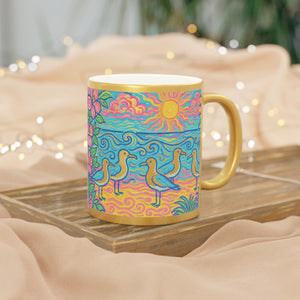 Tropical Metallic Mug, Gold or Silver - Tropical Beach Seagulls