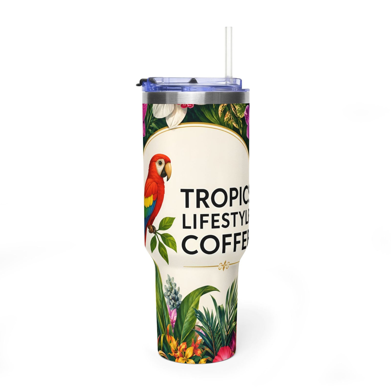 40oz Tropical Coffee Tumbler – Parrot Floral Vacuum Insulated Cup