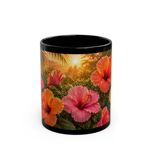 Tropical Hibiscus Sunset Mug — Floral Black Coffee Cup (11oz/15oz)