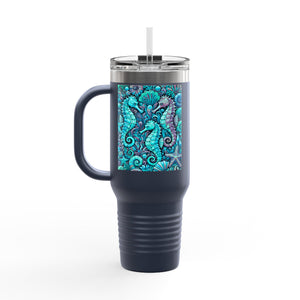 Insulated Travel Mug, 40oz / Seahorses, Turquoise - Perfect for Outdoor Adventures