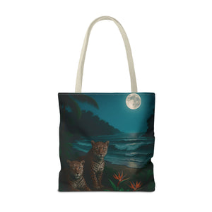 Tropical Beach & Jaguars Tote Bag, Black - 3 Sizes