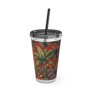 Tropical Tumbler with Straw | 16 oz: Tropical Palms & Fruit, Red