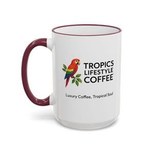 Accent Rim & Handle Coffee Mug ~ Tropics Lifestyle Coffee Parrot Logo