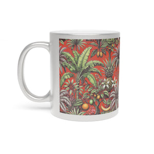 Tropical Metallic Mug, Gold or Silver - Tropical Palms & Fruit, Red