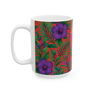 Ceramic White Mug - 11oz & 15oz, Midnight Flower Coral