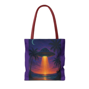 UFO at Beach Sunset Tote Bag, Purple - 3 Sizes