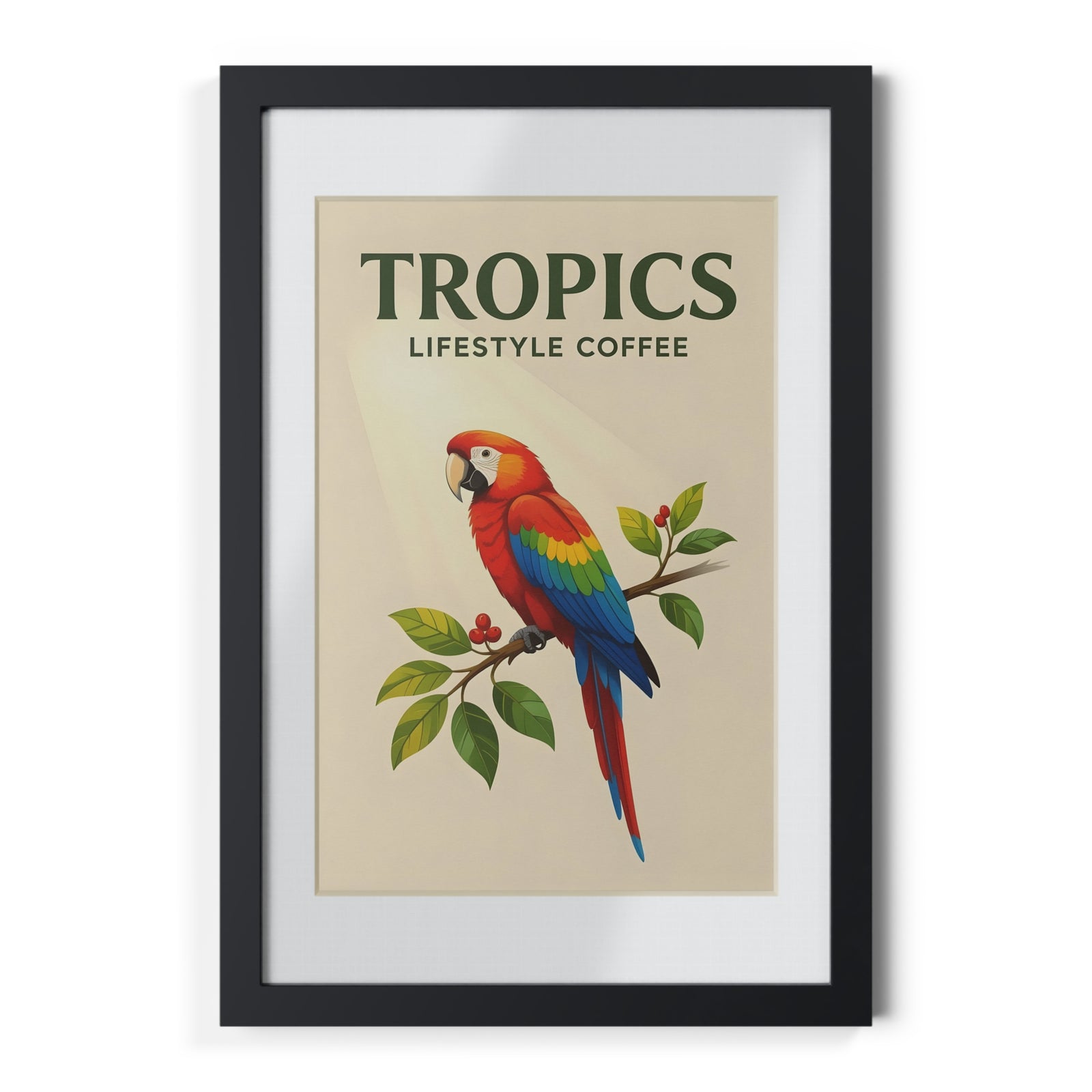 Tropics Parrot Framed Poster — Vintage Coffee Artwork