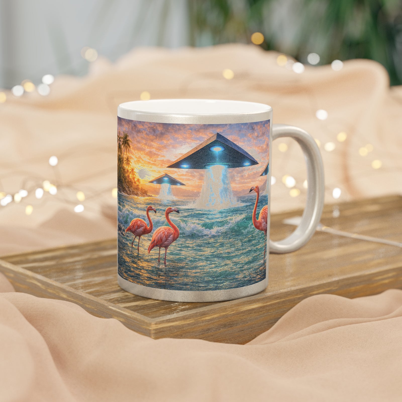 Tropical Metallic Mug, Gold or Silver - UFOs & Flamingos