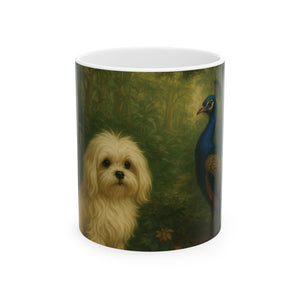 Ceramic White Mug - 11oz & 15oz, Puppy Ariel and Peacock