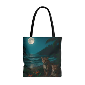 Tropical Beach & Jaguars Tote Bag, Black - 3 Sizes