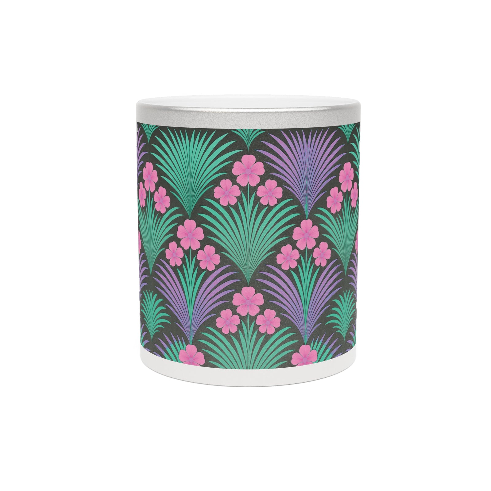 Tropical Metallic Mug, Gold or Silver - Midnight Hibiscus Deco/Pink