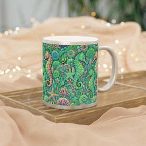 Tropical Metallic Mug, Gold or Silver - Seahorse Trio, Lime