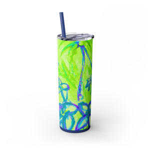 Tropical Doodles/Lime Green, 20oz Skinny Matte Tumbler with Straw - Beach Vibes