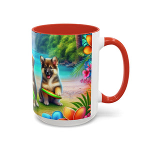Cute Beach Puppies Playing Frisbee - Black Coffee Mug - Perfect Gift for Dog Lovers