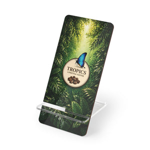Tropical Butterfly Mobile Phone Stand —Smartphone Display Stand, Tropics Lifetyle Coffee Logo