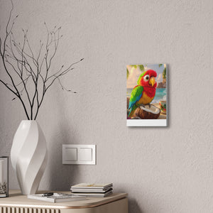Tropical Parrot Canvas Wall Art — Colorful Beach Scene with Coffee Cup