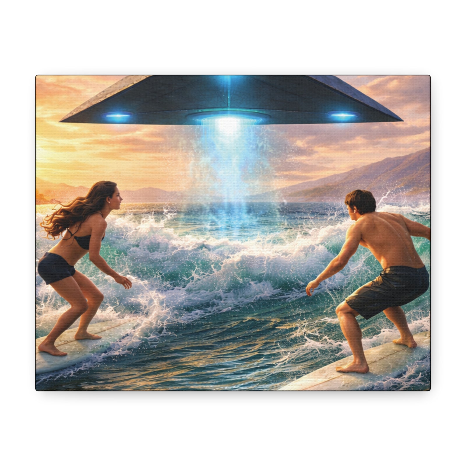 Surfing UFO Canvas Print — Beach Sunset Sci‑Fi Wall Art