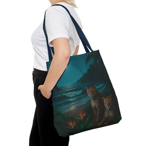 Tropical Beach & Jaguars Tote Bag, Black - 3 Sizes