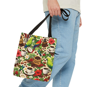 Tropical Parrots & Coffee Tote Bag, Green - 3 Sizes