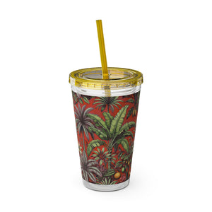 Tropical Tumbler with Straw | 16 oz: Tropical Palms & Fruit, Red