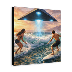 Surfing UFO Canvas Print — Beach Sunset Sci‑Fi Wall Art