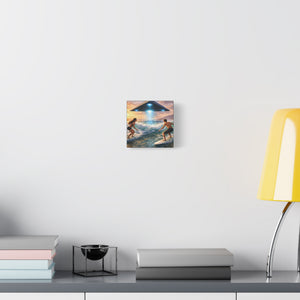 Surfing UFO Canvas Print — Beach Sunset Sci‑Fi Wall Art