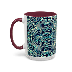 Accent Color Coffee Mug, Many Colors - 11oz & 15oz / Twisted Aqua Octopus
