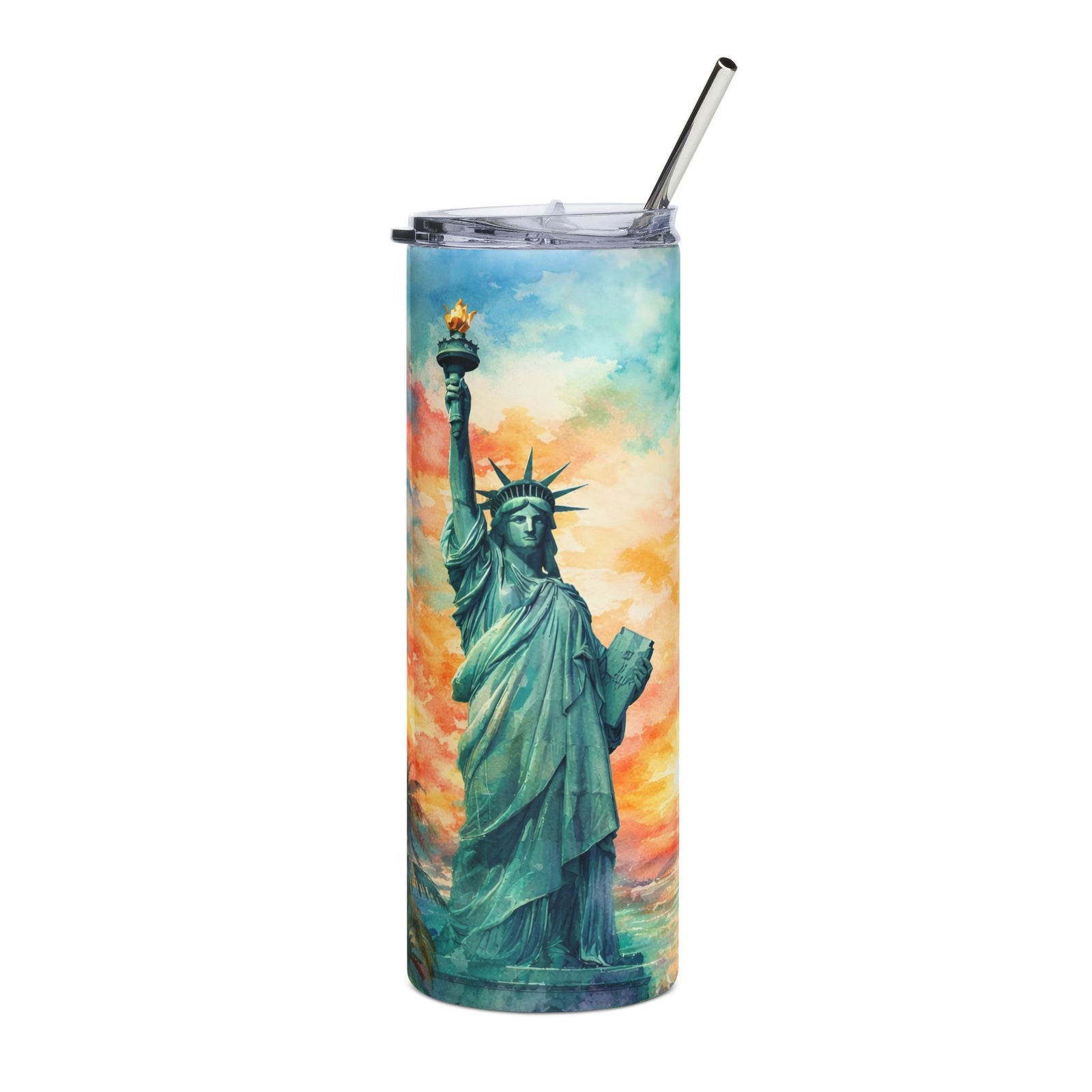20oz Stainless Steel Tumbler — Sunset Statue of Liberty Beach Scene