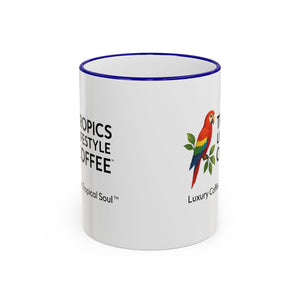 Accent Rim & Handle Coffee Mug ~ Tropics Lifestyle Coffee Parrot Logo