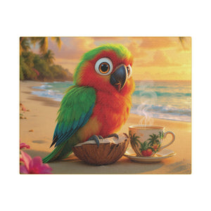 Tropical Beach Canvas - Tiki the Parrot Sunrise Wall Art, Yellow