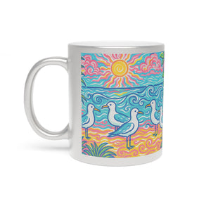 Tropical Metallic Mug, Gold or Silver - Tropical Beach Seagulls
