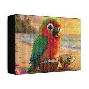 Tropical Beach Canvas - Tiki the Parrot Sunrise Wall Art, Black
