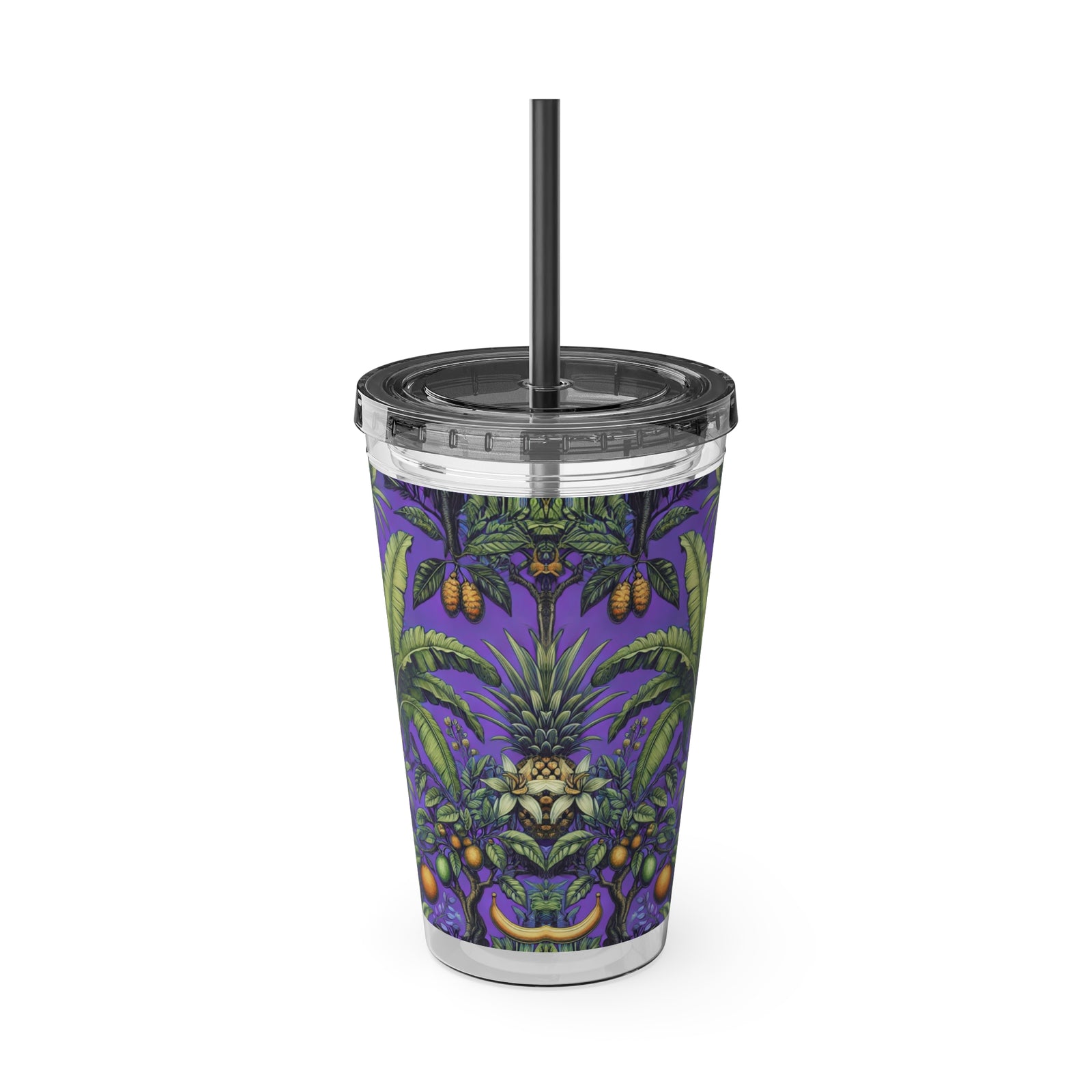 Tropical Tumbler with Straw | 16 oz: Tropical Palms & Fruit, Purple