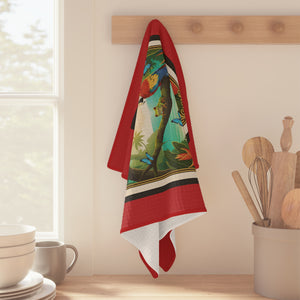 Tropical Microfiber Coffee/Tea Towel — Vintage Jungle Seaside Friends, Dark Red