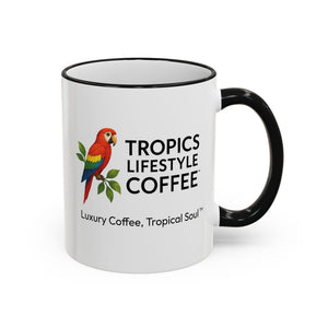 Accent Rim & Handle Coffee Mug ~ Tropics Lifestyle Coffee Parrot Logo