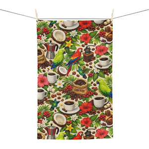 Tropical Microfiber Coffee/Tea Towel – Green & Red Parrots With Coffee