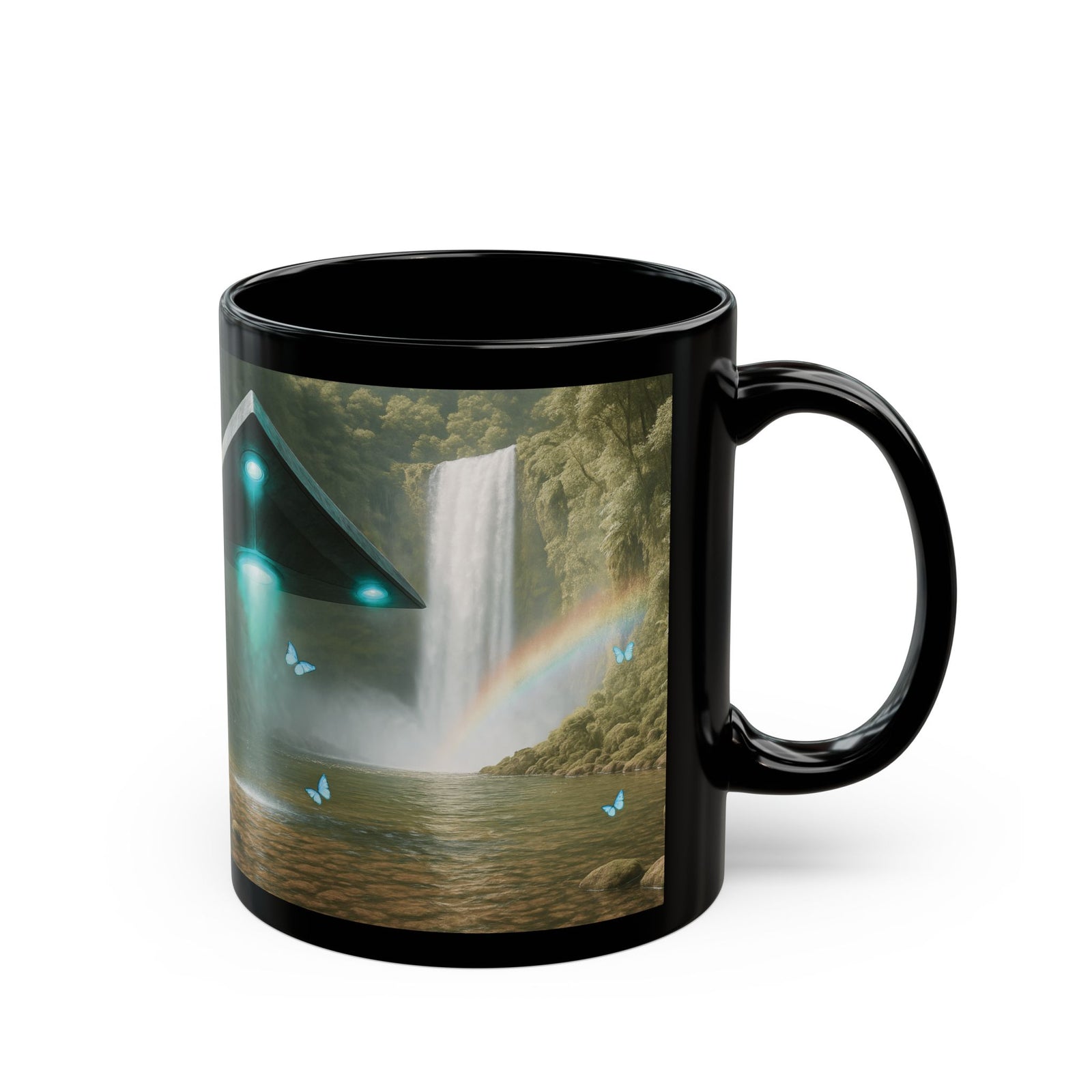 Black Coffee Mug - UFO & Waterfall