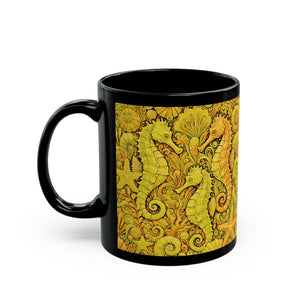 Black Coffee Mug - Seahorse Trio, Yellow