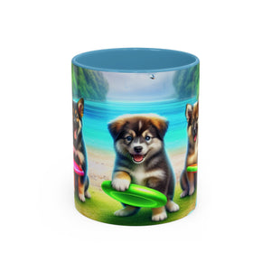 Cute Beach Puppies Playing Frisbee - Black Coffee Mug - Perfect Gift for Dog Lovers