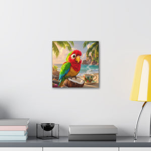 Tropical Canvas Wall Art — Tiki the Parrot With Coffee V2, Green
