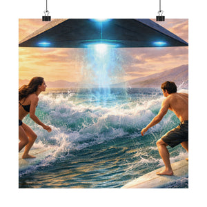 Surfing Encounter UFO Poster — Matte Vertical Sci‑Fi Beach Art Print