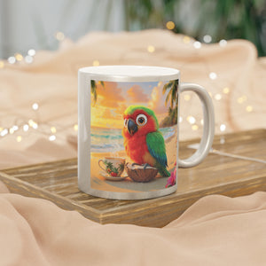 Tropical Metallic Mug, Gold or Silver - Tiki the Parrot Drinks Coffee